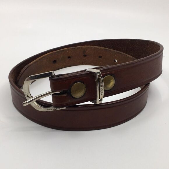 Vintage Cabelas cowhide leather belt brass grommets silver tone buckle Sz 32 - Picture 1 of 15